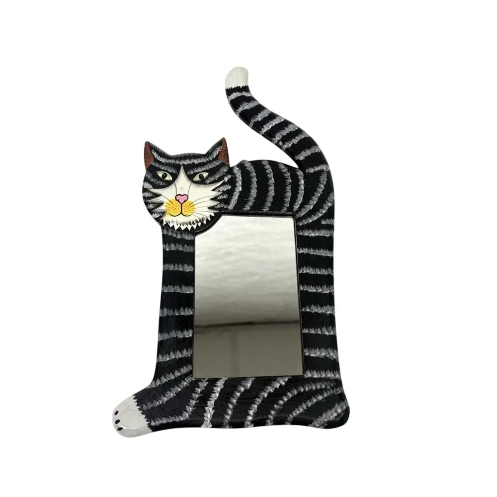 Hand Painted Wood Cat Mirror Black Tabby Wall Decor Folk Art Indonesia 12